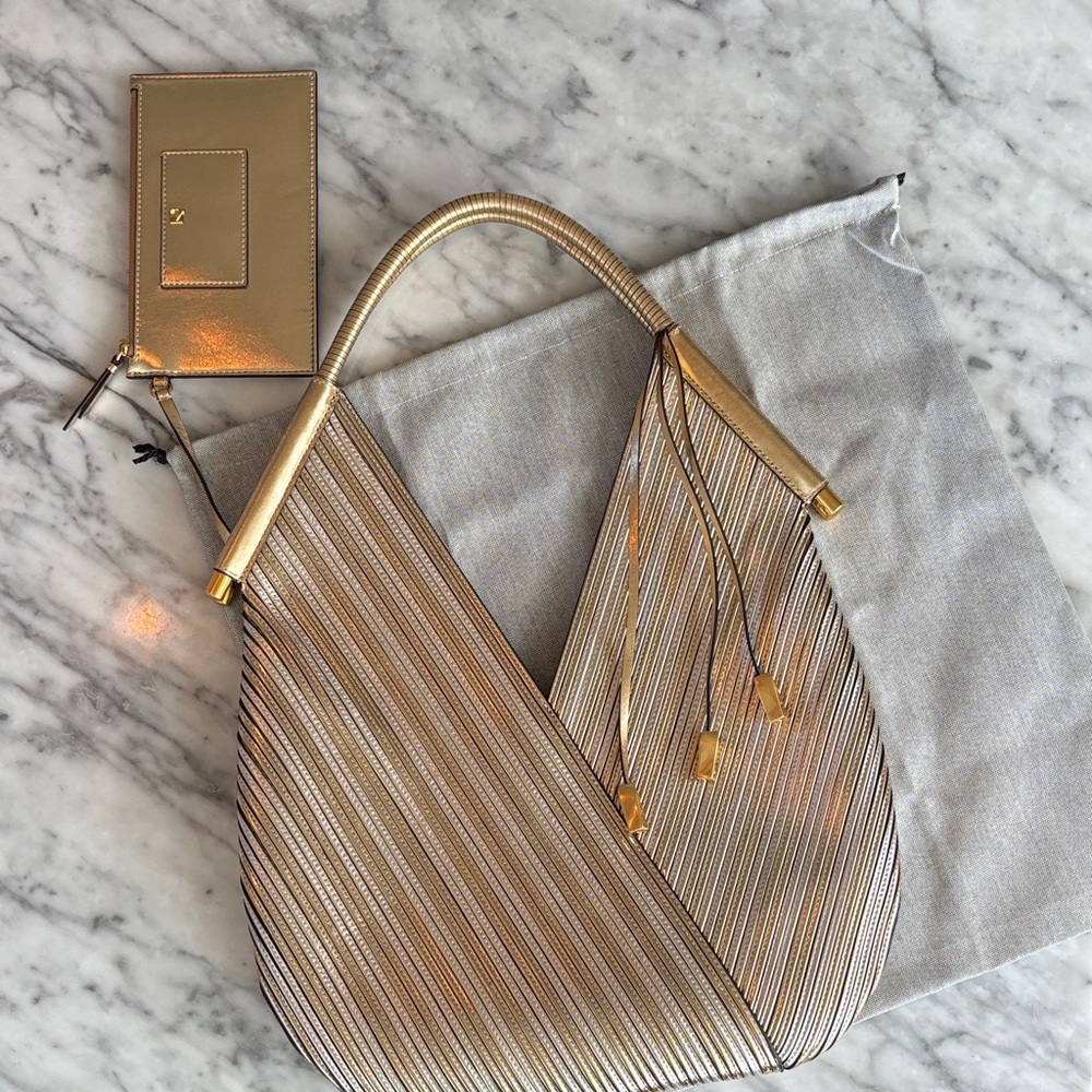 Large Gold Silver Metallic Patchwork Pleated Shou… - image 3